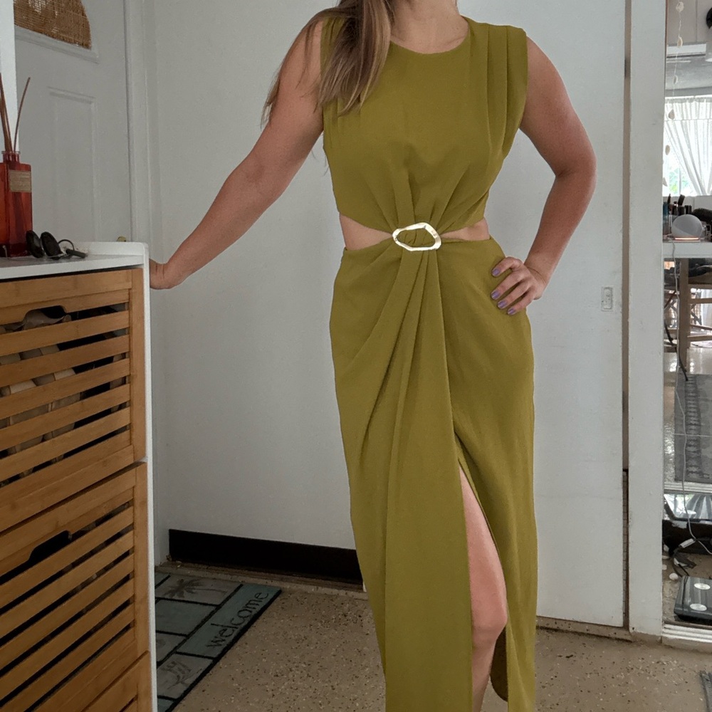 Zara Asymmetrical Olive Dress with Cut-Out